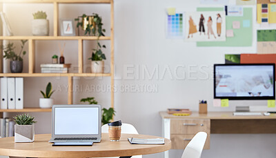 Buy stock photo Empty business office interior with a laptop and computer on a desk or table with a professional design. An agency workspace or workplace with equipment connected to the internet or company wifi