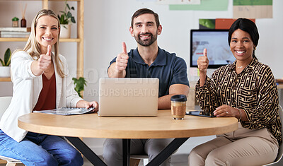 Buy stock photo Teamwork, diversity and a thumbs up from a group of happy business people at a startup company. Motivation, collaboration and support from a winner team. Success in employee management in the office