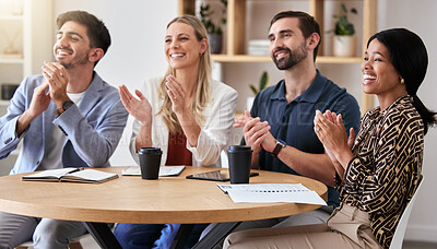 Buy stock photo Diversity, audience and creative workers clapping hands for a celebration, growth and good news in a startup company. Motivation, teamwork and thank you applause for target or goal achievement