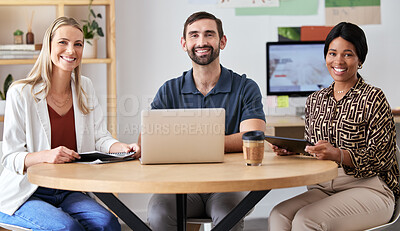 Buy stock photo Teamwork, planning and collaboration with business people in a meeting, happy while working together. Young, diverse  partner brainstorming, discussing strategy and idea for startup or small business