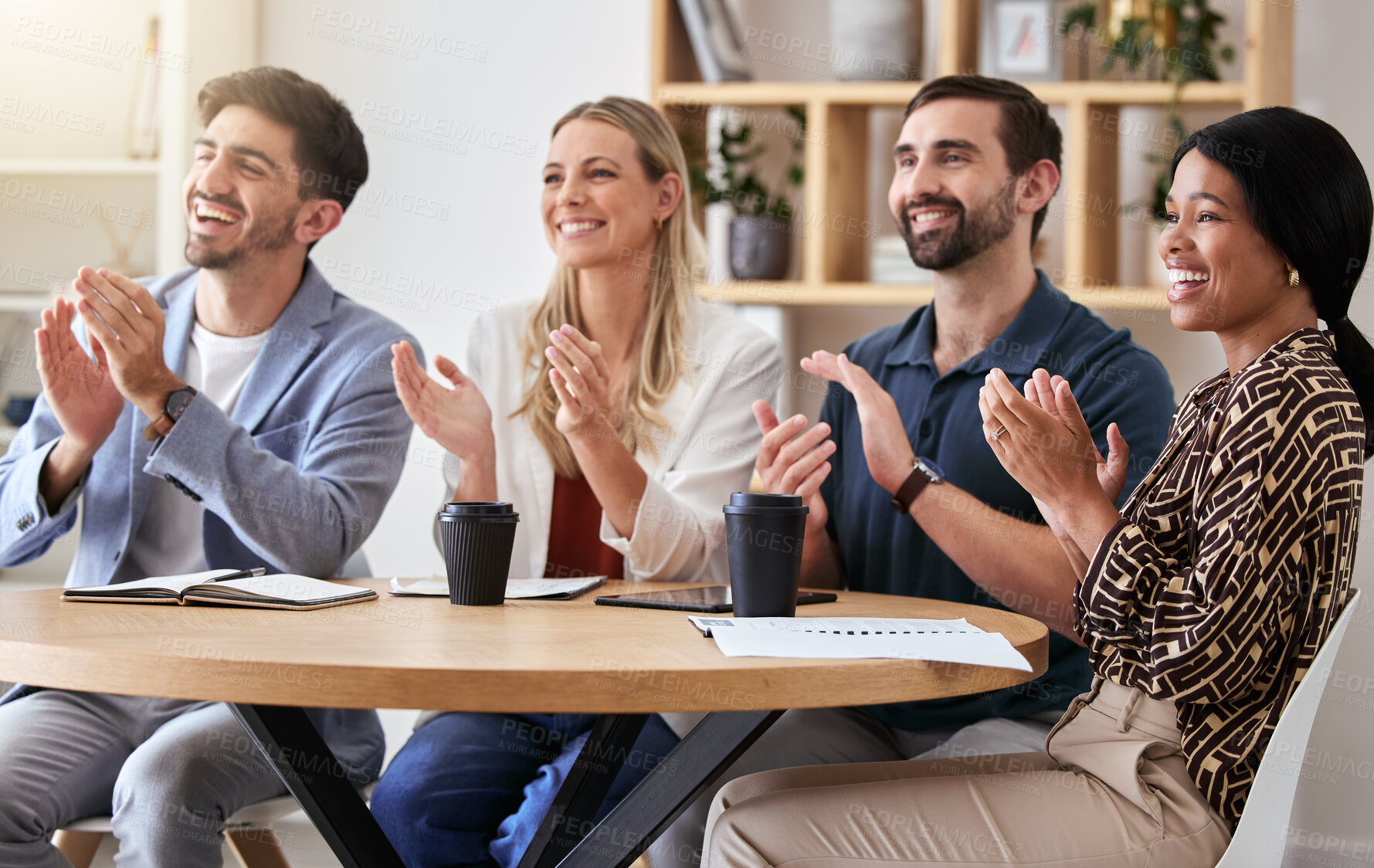Buy stock photo Applause, success and celebrating business people in a meeting clapping hands for company growth. Happy team of employee excited and in support of a successful strategy due to teamwork
