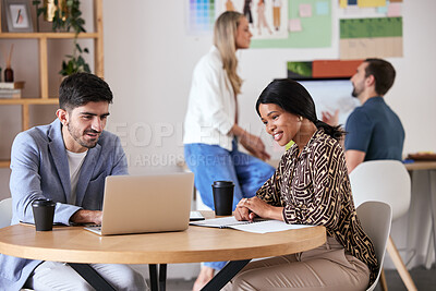 Buy stock photo Collaboration, teamwork and strategy meeting for business colleagues sitting at a desk and working together. Happy coworkers writing a growth proposal or marketing plan together at the workplace.