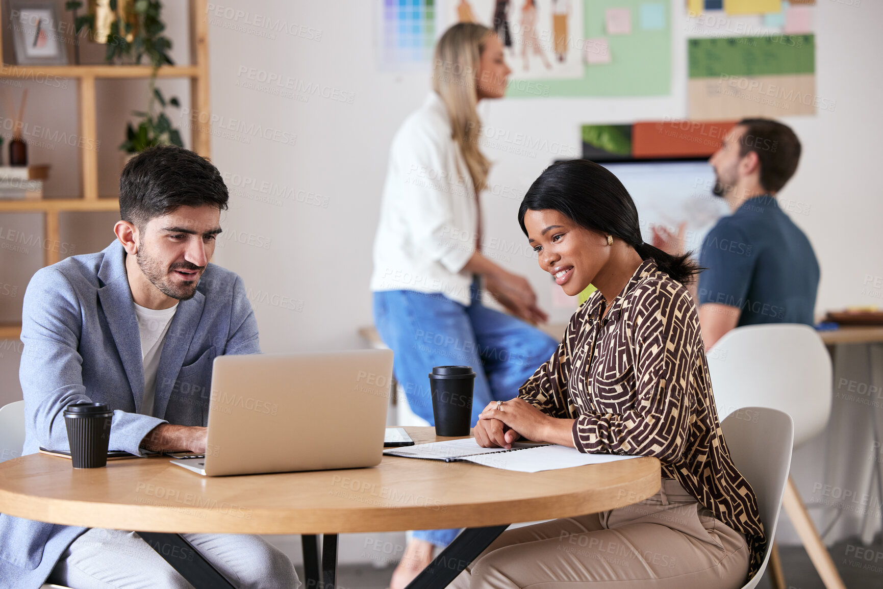 Buy stock photo Collaboration, teamwork and strategy meeting for business colleagues sitting at a desk and working together. Happy coworkers writing a growth proposal or marketing plan together at the workplace.