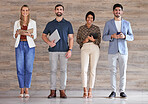 Digital marketing team or business people happy for company growth and standing in an office building. Portrait of advertising employees or colleagues smiling working on startup social media strategy