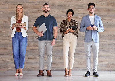 Buy stock photo Digital marketing team or business people happy for company growth and standing in an office building. Portrait of advertising employees or colleagues smiling working on startup social media strategy