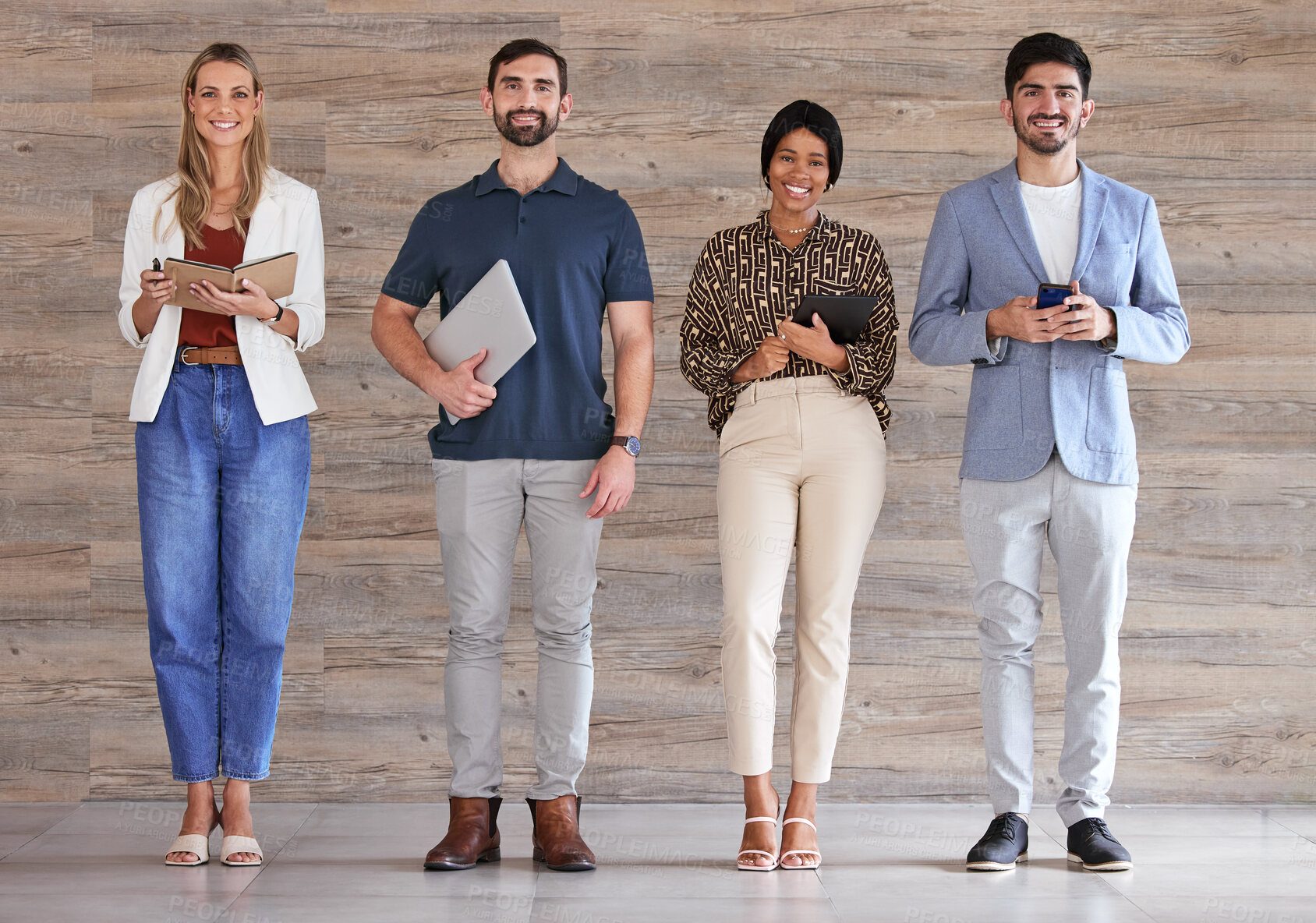 Buy stock photo Digital marketing team or business people happy for company growth and standing in an office building. Portrait of advertising employees or colleagues smiling working on startup social media strategy