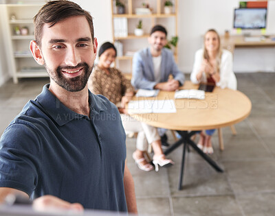 Buy stock photo Presentation, marketing and sales meeting with teamwork, planning and strategy conversation in office. Happy business leader working on an advertising group project together with his young workers