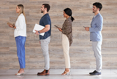 Buy stock photo Job interview, recruitment and we are hiring with business people standing in a row waiting at human resources office. Diversity, vacancy and future employee prepared, happy and ready for meeting
