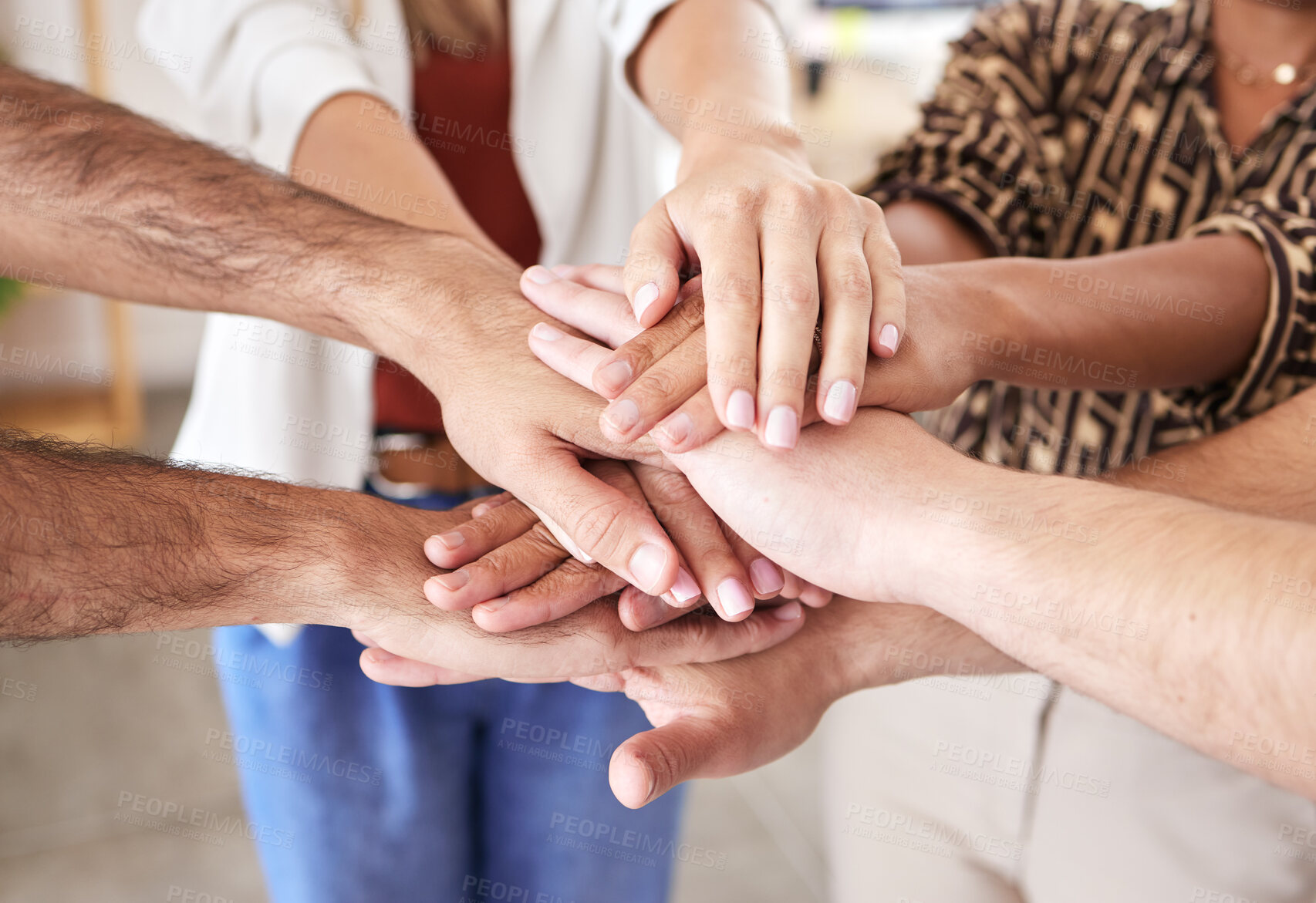 Buy stock photo Teamwork hands, motivation and team building trust with mission for growth vision, partnership deal and goals support together. Circle to celebrate global community, group collaboration and diversity