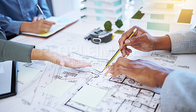 Buy stock photo Hands of architecture blueprint design, 3d property construction building and engineering model planning. Creative team collaboration on floor plan sketch, drawing development and industrial project