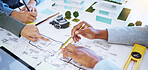 Architect hands working on architecture design, blueprint or floor plan engineering with paper, pencil and planning in office. Business teamwork industry workers collaboration on project development