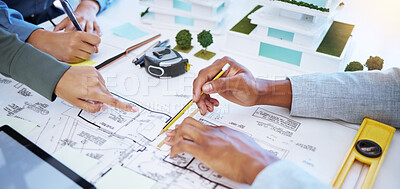 Buy stock photo Architect hands working on architecture design, blueprint or floor plan engineering with paper, pencil and planning in office. Business teamwork industry workers collaboration on project development
