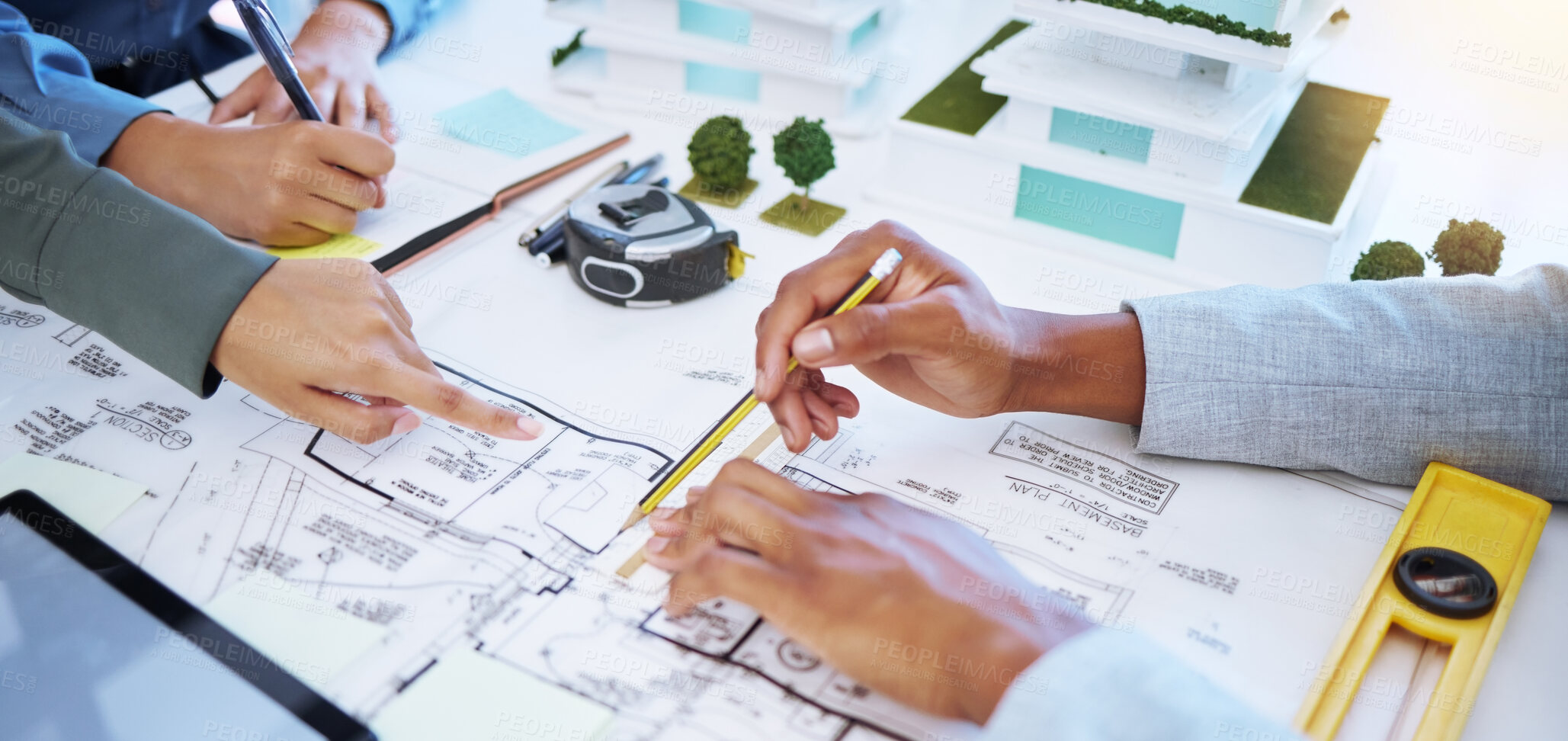 Buy stock photo Architect hands working on architecture design, blueprint or floor plan engineering with paper, pencil and planning in office. Business teamwork industry workers collaboration on project development