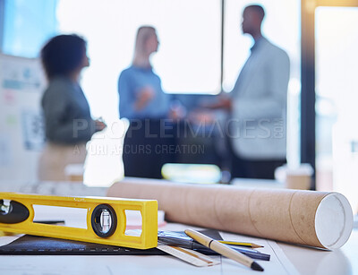 Buy stock photo Architecture tools, construction stationery and building planning for industrial engineering, 3d property development and industry design in a creative studio. Drawing equipment to sketch and measure