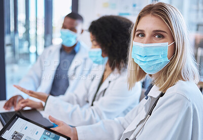 Buy stock photo Covid doctor in hospital meeting for team healthcare planning, medicine consulting and wellness collaboration in medical office. Portrait of a corona virus research worker working on digital tablet 