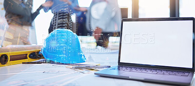 Buy stock photo Mockup of architect laptop and planning blueprint, helmet and tools on desk overlay for future architecture building design. Double exposure engineer or construction worker office workplace workspace