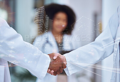 Buy stock photo Handshake, future and collaboration of doctors in labcoats shaking hands making deal in partnership. Trust and support for medical professionals greeting and meeting with city building reflection