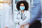 Medical doctor, woman nurse in covid and healthcare professional. Worried face expression, female professional with mask on during pandemic crisis, essential worker in lockdown lab coat practitioner