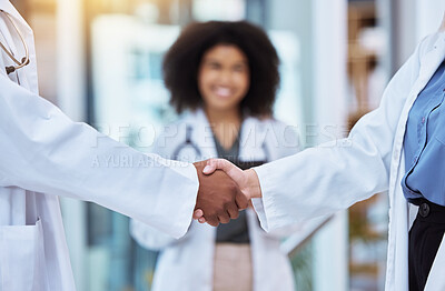 Buy stock photo Diversity doctors handshake thank you, trust or collaboration hands for success with medical worker smile lens flare and bokeh. Healthcare employee shaking hands for promotion, innovation or research