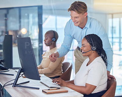 Buy stock photo Crm customer support training and web help worker with teacher on an online 5g internet phone call. Portrait of a happy call center office employee with headset and digital tech consulting coach
