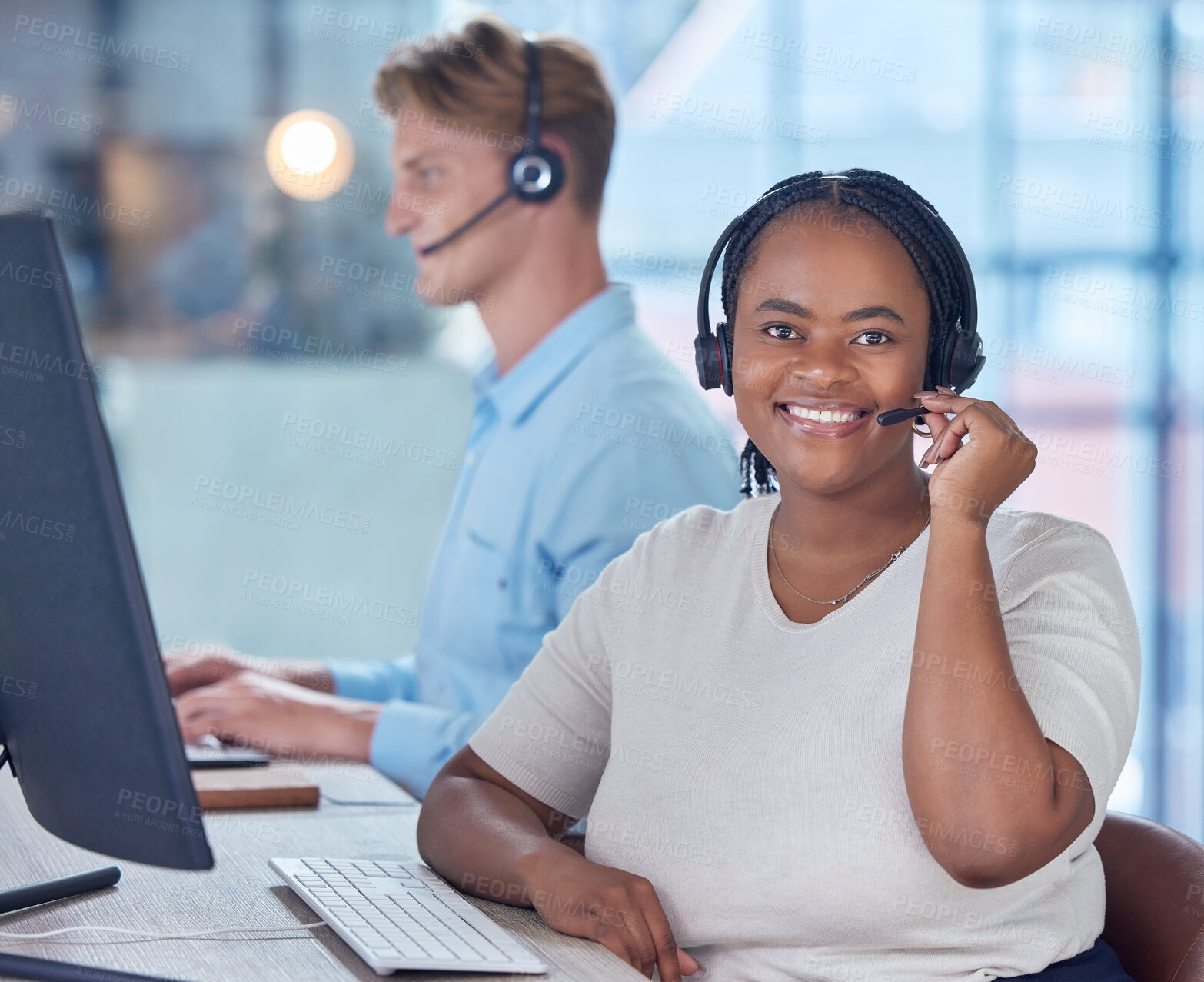 Buy stock photo Telemarketing, call center and contact us for our happy consultant agents to help you with loan payment data fast. Fintech, consulting and quality professional customer service from friendly advisors