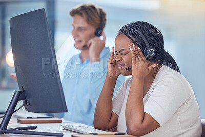 Buy stock photo Call center agent with headache pain at work, telemarketing consultant with stress working in sales and tired business woman with problem in communication. Customer service worker depressed in office