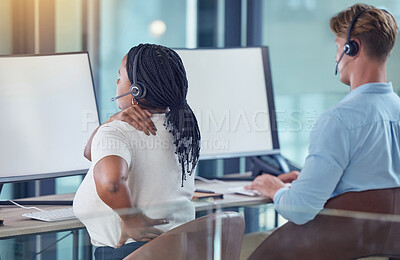 Buy stock photo Pain, injury and muscle with a woman call center agent or support staff employee holding her shoulder and back in the office. Anatomy, inflammation and swollen joint from bad posture at work