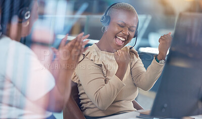 Buy stock photo Call center, black woman and celebrating promotion or success in customer service at the workplace. Happy telemarketing agent or employee celebrate win or victory for best desktop support in office.