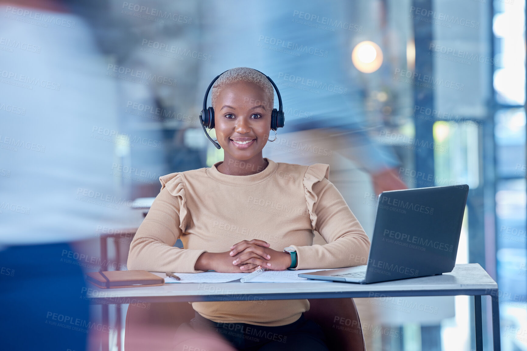 Buy stock photo Call center worker, business administration sales consultant and black woman networking, contact and consulting for crm telemarketing in busy office. Portrait of happy customer service communication