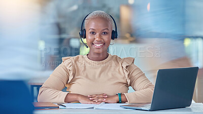 Buy stock photo Call center, customer service and contact us support worker with laptop in busy office working on crm consulting. Smile portrait of happy receptionist, telemarketing woman or communication consultant