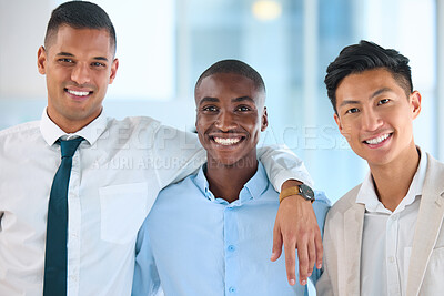 Buy stock photo Collaboration, teamwork and diversity with a team of business people with motivation and a vision or mission for the future success and growth of the company. Group of staff together in their office