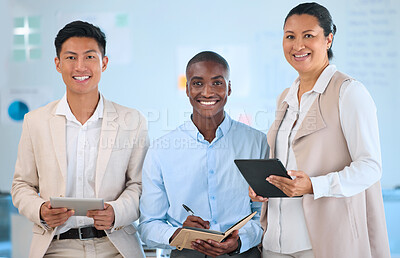 Buy stock photo Teamwork, collaboration and meeting with a team using a notebook and tablet technology. Portrait of a diverse group of business people working in an office with a vision and mission of growth