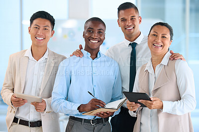 Buy stock photo Planning, diversity business people portrait and digital marketing workers with a vision for success, innovation and project management. Teamwork, collaboration and writing in notebook or tablet tech