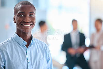 Buy stock photo Portrait of smiling face of business man working at corporate company, leadership of African businessman in meeting at office. Black manager, employee or worker proud of startup and teamwork