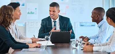 Buy stock photo Diversity business meeting, manager with laptop and collaboration teamwork in an office or corporate company. Man and woman working on project management strategy, idea and planning seo analytics