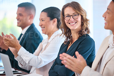 Buy stock photo Motivation, vision and collaboration by clapping business people celebrating success, support goal in conference. Portrait happy employee excited about mission or inspiring speech with diverse group