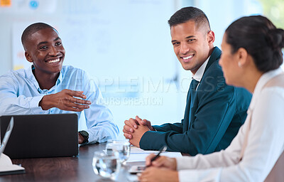 Buy stock photo Teamwork, collaboration and innovation with business, partner in a meeting, discussing strategy for goal or startup. Diverse investors excited to plan and unite on mission or vision, smiling together