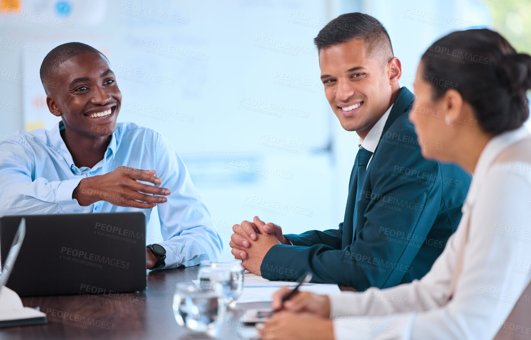Buy stock photo Teamwork, collaboration and innovation with business, partner in a meeting, discussing strategy for goal or startup. Diverse investors excited to plan and unite on mission or vision, smiling together