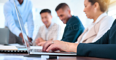 Buy stock photo Business woman hands typing email on laptop in a team planning or strategy meeting in a corporate work office. Teamwork, collaboration and support while talking at a desk and consulting together
