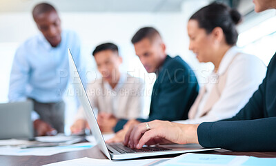 Buy stock photo Hands, laptop search or business meeting for teamwork, marketing planning or target audience research for startup company. Closeup of office woman typing kpi data analytics for collaboration strategy