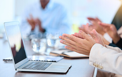 Buy stock photo Hands clapping, meeting and laptop with business team at office room table working. Success, teamwork or collaboration and work on corporate finance strategy, planning and innovation with computer.