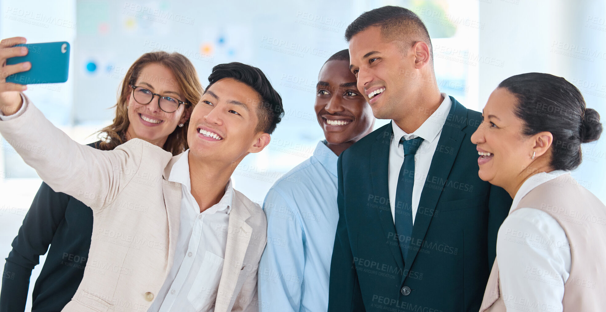 Buy stock photo Happy business people or friends taking a selfie in the office done with work and having together. Employee team or group of colleagues taking a picture or a photo smiling after team building