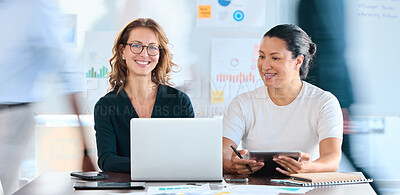 Buy stock photo Planning, innovation and laptop with business women or managers in meeting in office or corporate room. Portrait, collaboration and teamwork with worker on tablet or team on finance goal or strategy
