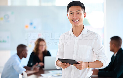 Buy stock photo Portrait of business man working on tablet in office, planning with team in meeting and management of corporate teamwork seminar. Happy manager or worker in communication on technology at company