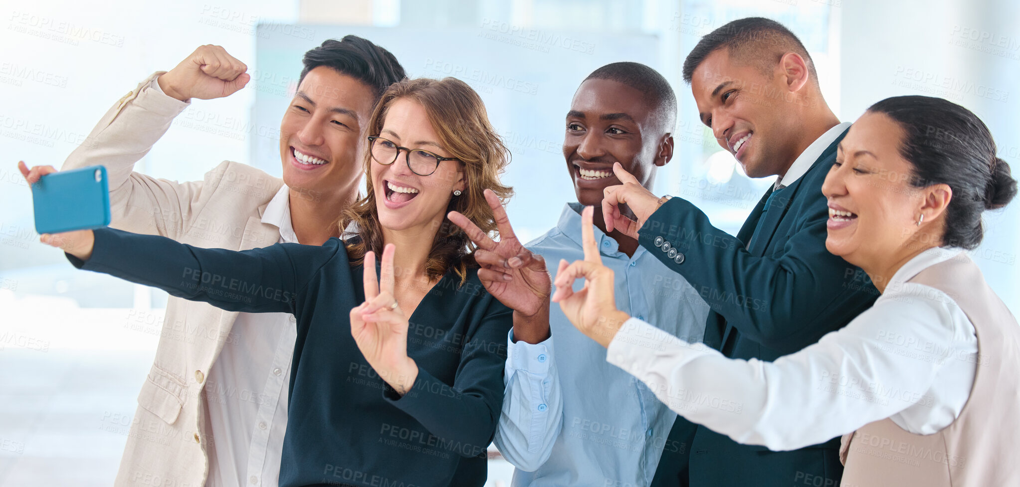 Buy stock photo Peace, selfie and collaboration with a team photograph showing motivation and celebration of success in teamwork. Cheering, win and picture with a group of business people cheering and happy at work