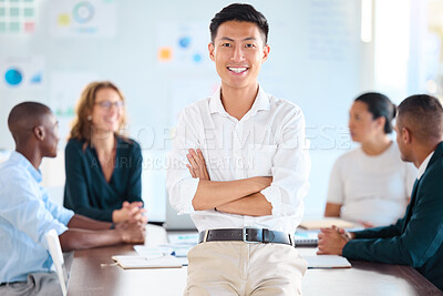 Buy stock photo Motivation, vision and proud business leader excited about group collaboration on a goal in an office. Innovation with diverse team sharing idea, planning and thinking during a creative meeting 