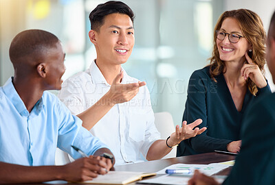 Buy stock photo Collaboration of business people in meeting for project management planning an success, goal or strategy for about us and faq. Happy diversity corporate team or employee with idea for company growth