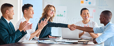 Buy stock photo Business people handshake collaboration, thank you and contract in meeting with diversity, teamwork and collaboration. Happy manager b2b partnership or investment in company growth and staff applause
