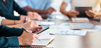 Buy stock photo Business marketing meeting and manager with tablet searching the internet for teamwork in an office. Closeup hands of employee working on project management strategy with an online app in a boardroom