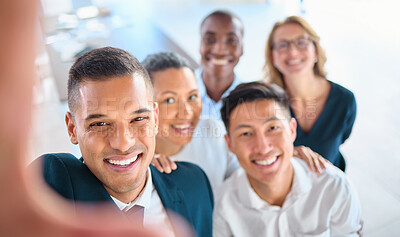 Buy stock photo Selfie, collaboration and diversity in a corporate company with a mission and vision for success, growth and innovation. Portrait of happy workers standing together for motivation at team building